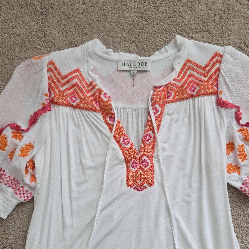 Hale Bob White Blouse with Orange and Pink Embroidery - Picture 2 of 5